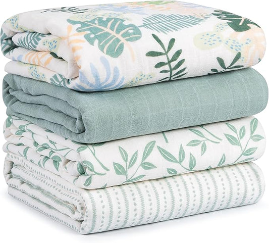 Muslin Swaddle Blankets for Newborn, 4 Pack Cotton Baby Blankets Neutral, Large 31.5 x 43.3 Breathable Soft Receiving Blanket, Essentials Swaddle Wrap Burping Clothes, Sage Green