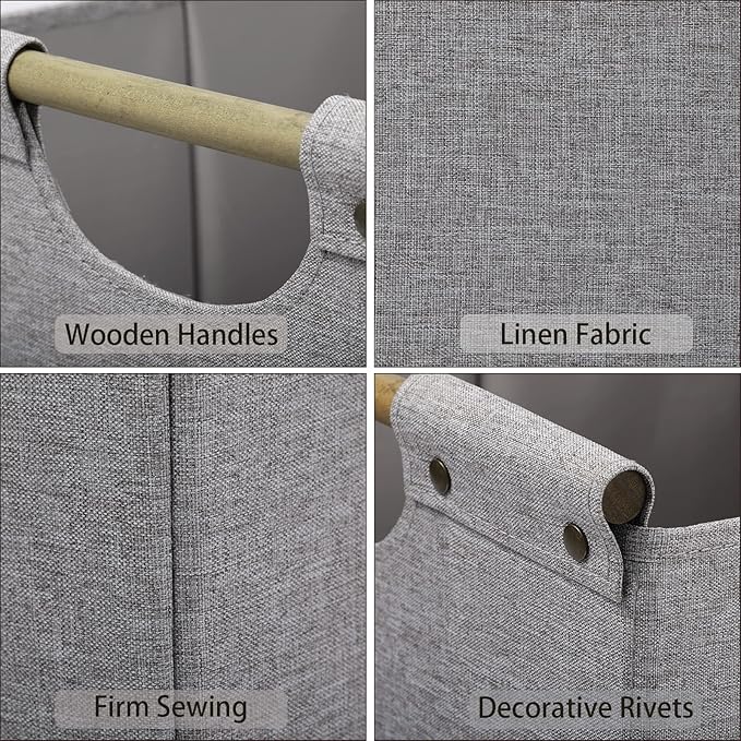 HOONEX Collapsible Storage Bins, 12x12x12in Storage Cubes Linen Fabric, 3 Pack, Storage Baskets with Wooden Carry Handles and Sturdy Heavy Cardboard, for Home, Office, Car, Nursery, Light Grey