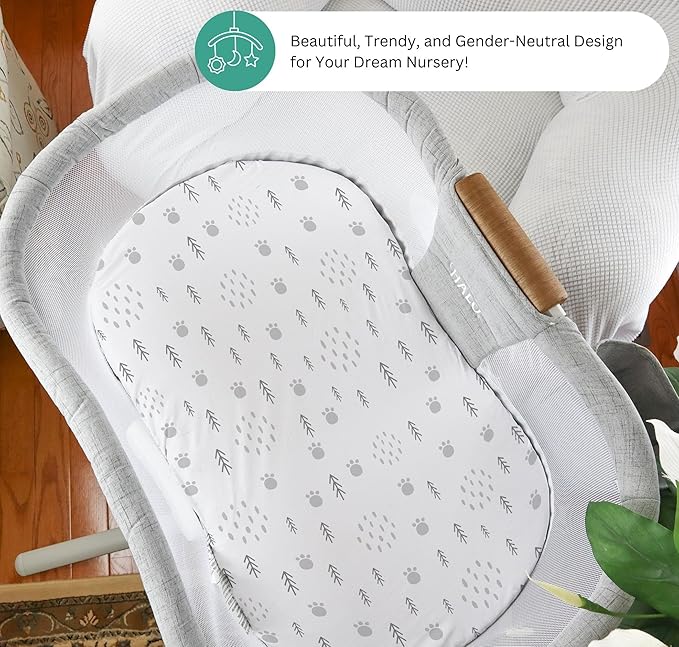 TansyPanda Halo Bassinet Sheets for BassiNest Luxe Swivel, Soothing, Swivel, Lite, Essential Sleeper, 3 Pack, 33 X 17 Inch, Ultra Soft, Snug Fit, Unisex Boys Girls, Gray White (Woodland Rainbow)