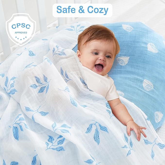 Viviland Muslin Swaddle Blankets, Swaddle Wrap for Boys and Girls, Breathable and Skin-Friendly Baby Receiving Blankets, Baby Essentials, 4-Pack Lemon & Leaves, 47 x 47 inches