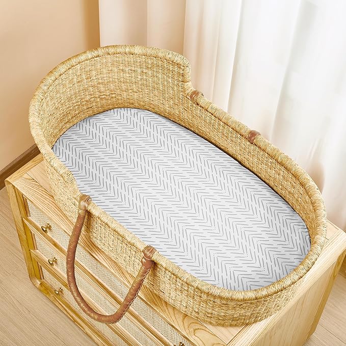 TILLYOU Baby Bassinet Sheets for Girls Boys 2 Pack Baby Sheets for Square Rectangle Oval Bassinet Mattress 33X16 Inch, Jungle Walk and White Stripes