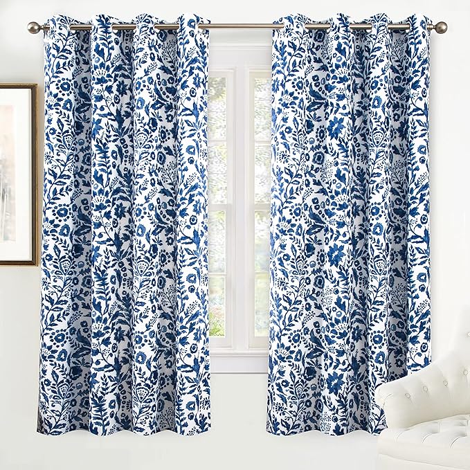 DriftAway Julia Watercolor Blackout Room Darkening Lined Thermal Insulated Energy Saving Window Curtains 2 Layers 2 Panels Each Size 52 Inch by 72 Inch Navy