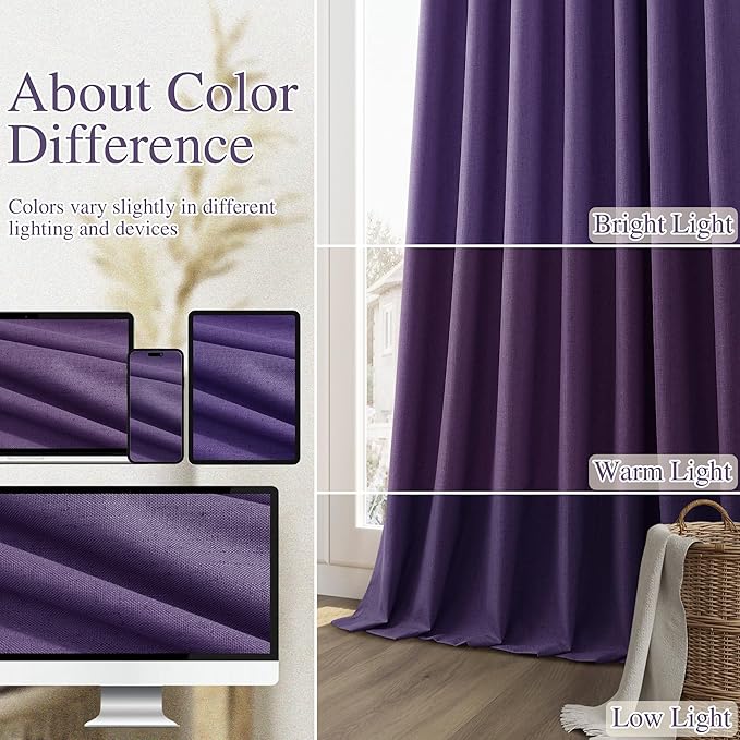 Guken 100% Blackout Curtains 96 Inch Length 2 Panels Set for Living Room Bedroom Back Tab Thermal Insulated Black Out Linen Drapes Room Darkening New Purple,52x96