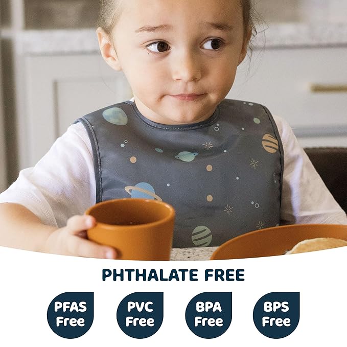 Tiny Twinkle Mess Proof Baby Bib for Boys | Waterproof Toddler Bib for Eating | Baby Apron for Feeding, Machine Washable | Perfect Shower Gift (Space, 6–24M)