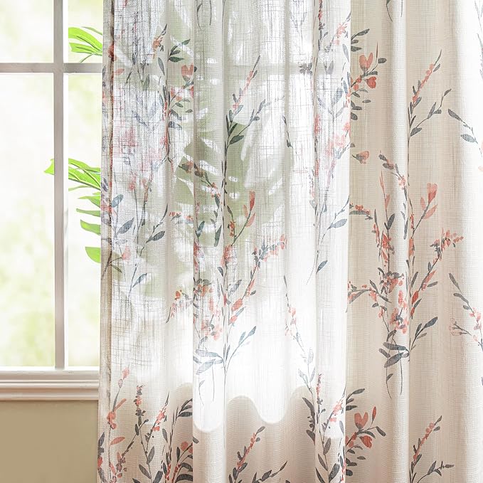 MYSKY HOME 108 Inches Long Ceiling Curtains Sheer Linen Blend Window Curtain for Living Room Light Filtering Privacy Assured Floral Farmhouse Drapes for Home Decor, Wide 50 by Long 108, Coral, 2 Pcs