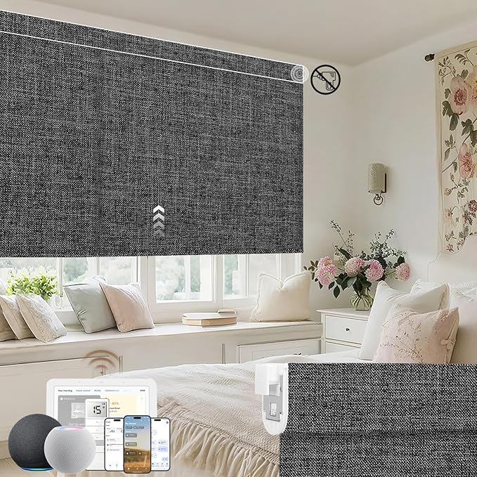 Kincmo No Drill Motorized Blinds with Remote, 100% Blackout Roller Shades for Windows, Custom Electric Blinds Compatible with Alexa, Apple Homekit, Google Home (100% Blackout Dual Sided Black)
