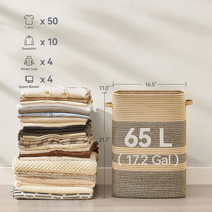 Laundry Hamper,Laundry Basket with Leather Handles,Woven Storage Basket for Toys,Pillows,Blankets,Clothes,Dark&Brown