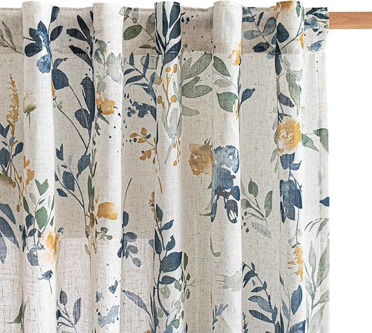 MYSKY HOME Linen Floral Kitchen Curtains 45 inch Length 2 Panels Set Over Sink - Light Filtering Semi Sheer Farmhouse Drapes Back Tab Rod Pocket for Small Windows, 50" Wide, Yellow and Blue, 2 Pcs