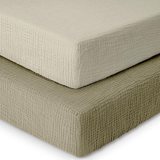 Dreamology Cotton Mini Crib Sheets,Muslin Crib Sheet,2 Pack,100% Cotton Crib Sheets,Soft,Breathable,Baby Crib Sheets,Girls,Boys,24x38 Mini Crib Sheets | Olive and Ecru