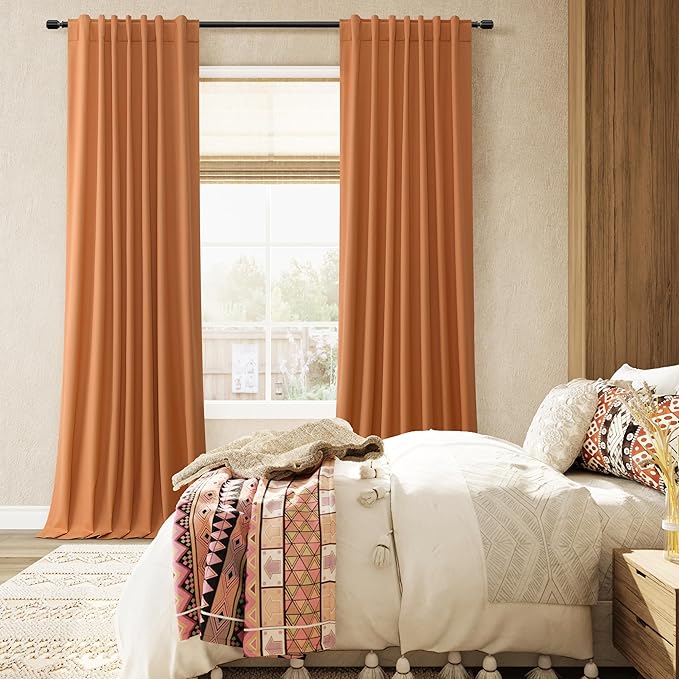 Guken Orange 100% Blackout Curtains 120 Inch Length 2 Panels Set for Living Room Bedroom Back Tab Thermal Insulated Black Out Linen Drapes Room Darkening Window Curtains 52x120