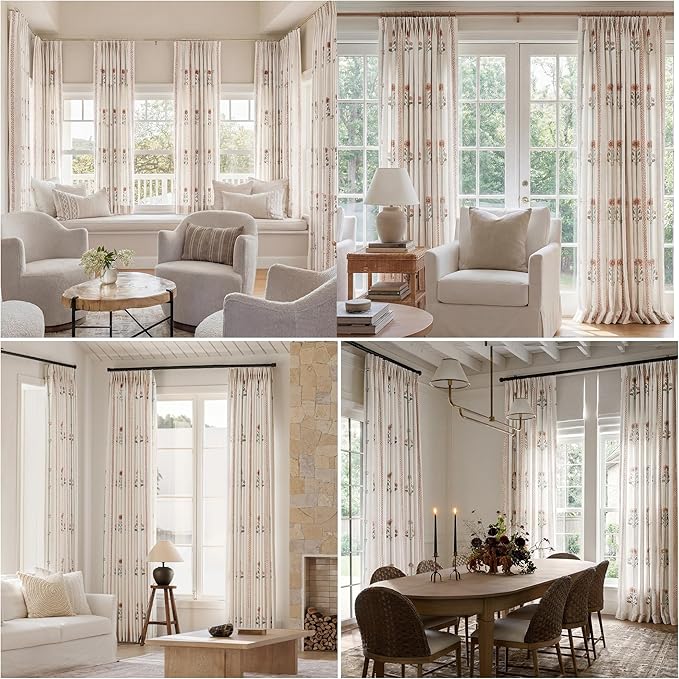 Pinch Pleated Nursery Curtains Luxury Pink Sheer Floral Curtains for Girls Room Bedroom Living Room - 95 Inch Length Modern Farmhouse Floral Printed Drapes with Hooks - 2 Panels Set