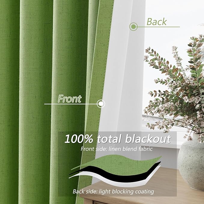 Guken 100% Blackout Curtains 96 Inch Length 2 Panels Set for Living Room Bedroom Back Tab Thermal Insulated Black Out Linen Drapes Room Darkening Lime Green,52x96