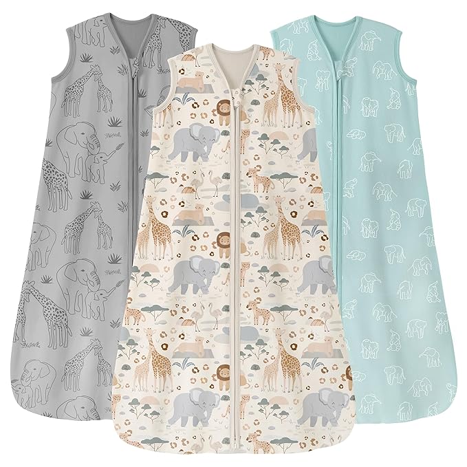 Unnivoll Baby Sleep Sack 0-6 Months 0.5 Tog Wearable Blanket Baby, 3 Pack 100% Cotton Lightweight Sleeping Sack with 2-Way Zipper for Newborn Infant Apricot Gray Green Elephant