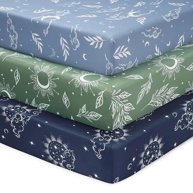 Baby Mini Crib Sheets Boy, Portable 38”x26” Pack and Play Sheets Fitted for Playard and Pack N Play Mattress, 3-Pack Soft Microfiber Blue Green Starry Sky