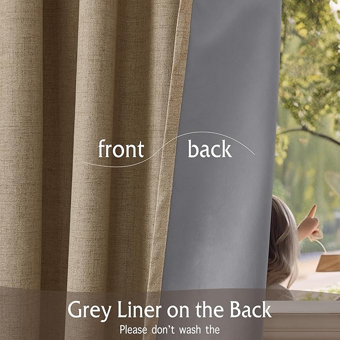 RYB HOME Linen Textured 100% Blackout Curtains for Bedroom, Insulating Energy Saving Window Curtains for Living Room Dining Patio Sliding Glass Door, Wide 52 x Long 96 inch, Burlap, 2 Panels
