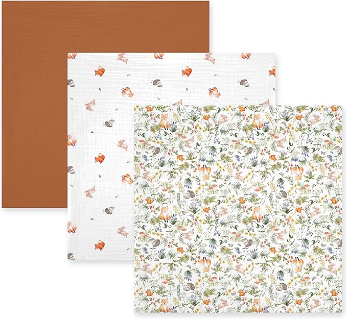 3-Pack 100% Cotton Muslin Swaddle Blankets, Large 47 x 47 Inches — Breathable Soft Receiving Blankets for Newborns, Swaddling Wraps, Registry Gift (Playful Forest Animals)