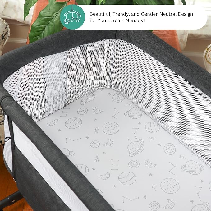 Bassinet Sheets for Airclub, AMKE, LovliTod Baby, Bonbay, Bellababy Bedside Bassinet Sleeper by TansyPanda, 3PC, 20x33 Inch, Ultra Soft, Breathable, Snug Fit, Unisex Boys, Girls, Gray (Space Rockets)
