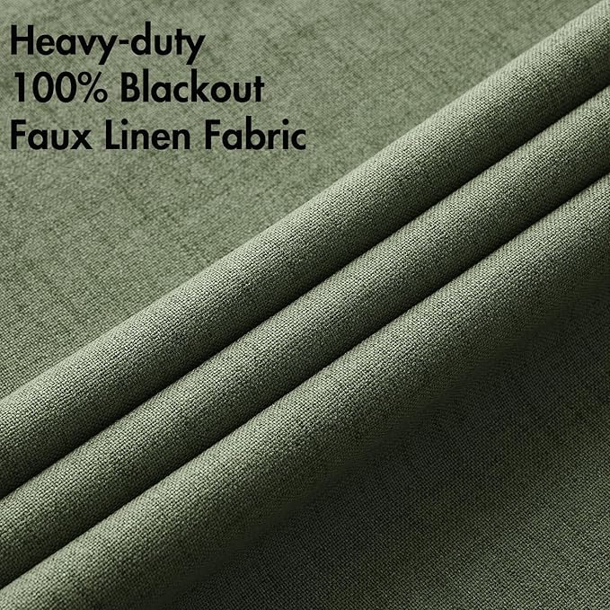 MIULEE 100% Blackout Linen Textured Curtains for Bedroom Solid Thermal Insulated Olive Green Grommet Room Darkening Curtains & Drapes Luxury Decor for Living Room Nursery 52 x 72 Inch (2 Panels)