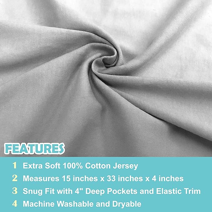 American Baby Company 15" x 33" Fitted Bassinet Sheet, 100% Natural Cotton Jersey Knit, Grey, Soft Breathable, for Boys and Girls, Pack of 2