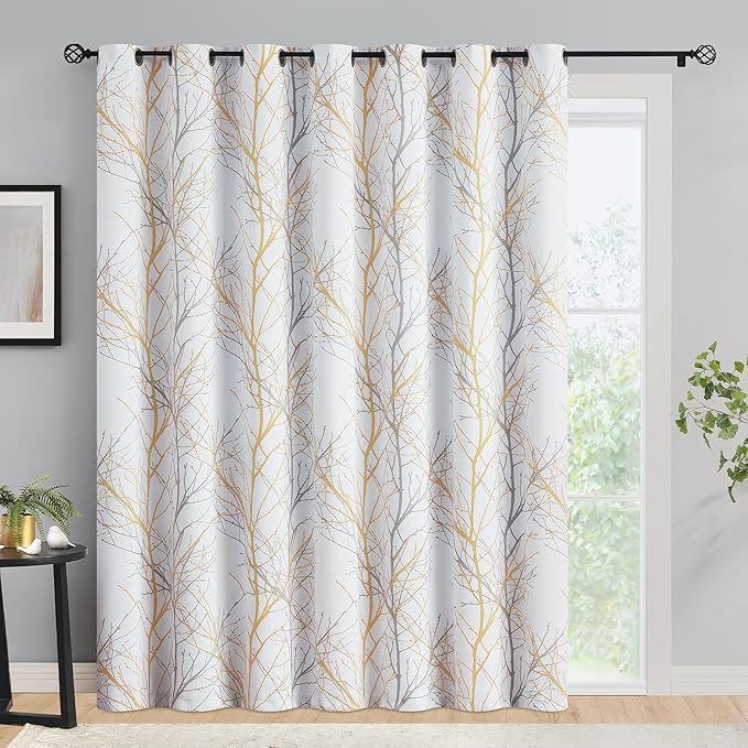 FMFUNCTEX 100% Blackout Patio Sliding Glass Door Curtains 84 Inch Long for Bedroom, Yellow Grey on White Tree Branch Patterned Drapes for Living Room Divider, Extra Wide Thermal Insulated Panels