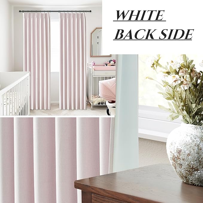 Light Pink Pinch Pleated Window Curtain Panels with Full Blackout Back 84 Inches Long, Insulated Linen Textured Drapes for Bedroom Summer Heat Modern Window Treatment for Girls Room 40" Wx84 Lx2Panels