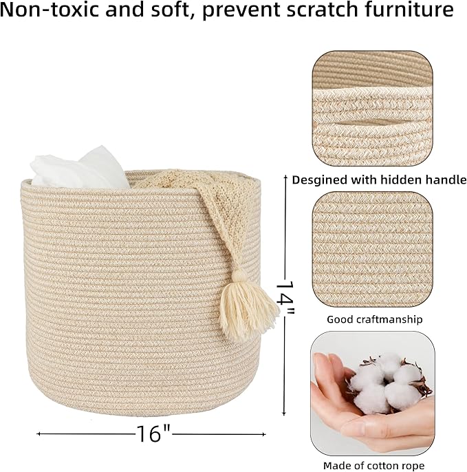 Cotton Rope Basket For Girls Boys Kids 16”X14” Baby Laundry Basket Nursery Bin Round Woven Baskets Organizer For Storage Toys Blankets Shoes Clothes oatmeal