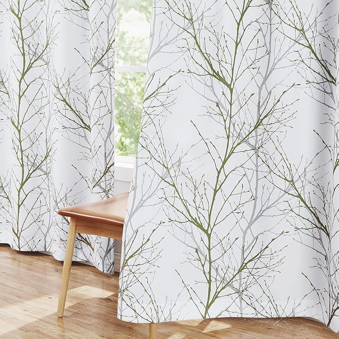 FMFUNCTEX 100% Blackout Curtains Sage Green Tree Liner Curtains for Bedroom, Branch Partterned Curtains 84 inch Length for Living Room, Room Darkening Thermal Insulated Drapes, Grommet Top 2 Panels