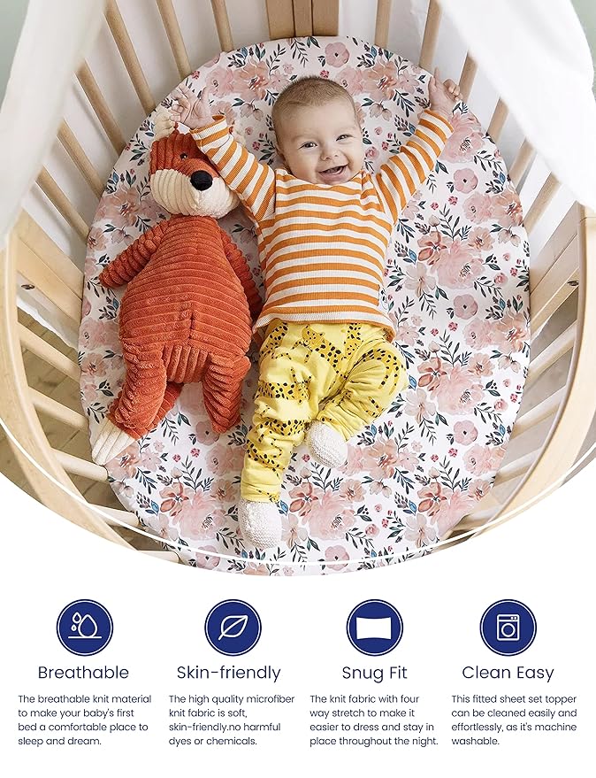 TotAha Premium Stretchy Bassinet Sheets for Baby Girl, Silky Comfort Cradle Sheets Fitted 18 x 36 for Oval, Rectangular, Hourglass Mattress, Hypoallergenic, Buttery Soft 2-Pack (Floral & Pale Pink)