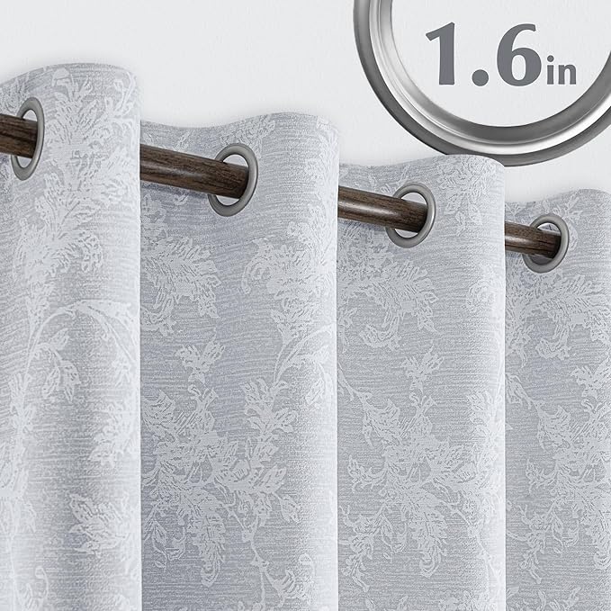FMFUNCTEX Grey Floral Jacquard Blackout Curtains 90 Inches Long for Bedroom, Scroll Flower Chenille Farmhouse Curtains for Living Room Darkening Thermal Insulated Grommet Window Drapes 2 Panels