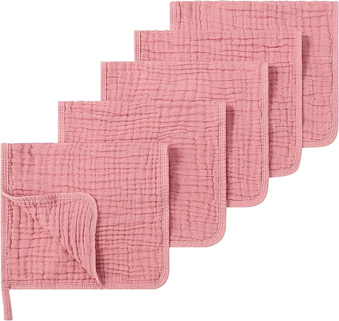 SnugOre Muslin Burp Cloths 5 Pack Large 20x12 inches Baby Burping Cloths, 6-Layer 100% Cotton for Newborn Boys Girls, Ultra Soft & Absorbent（Pink）