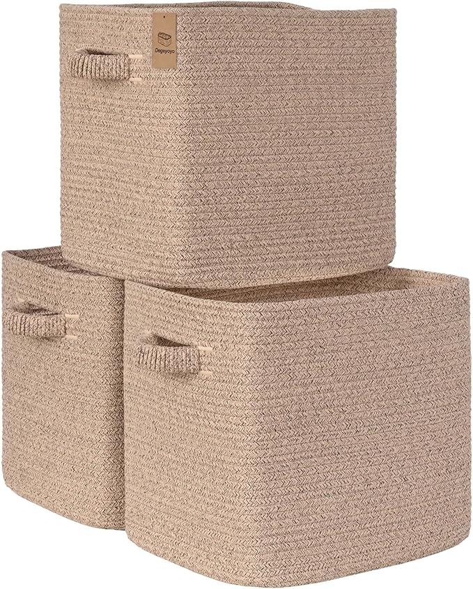 15×13 Inch Storage Cubes, 3 Pack Cube Storage Bins for Organizing, Cotton Rope Woven Baskets for Shelves, Bathroom, Kids Room, Closets, Baby Nursery