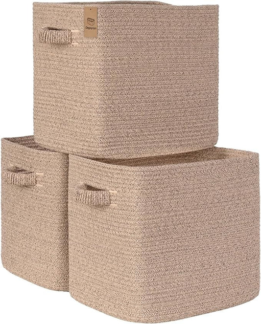 15×13 Inch Storage Cubes, 3 Pack Cube Storage Bins for Organizing, Cotton Rope Woven Baskets for Shelves, Bathroom, Kids Room, Closets, Baby Nursery