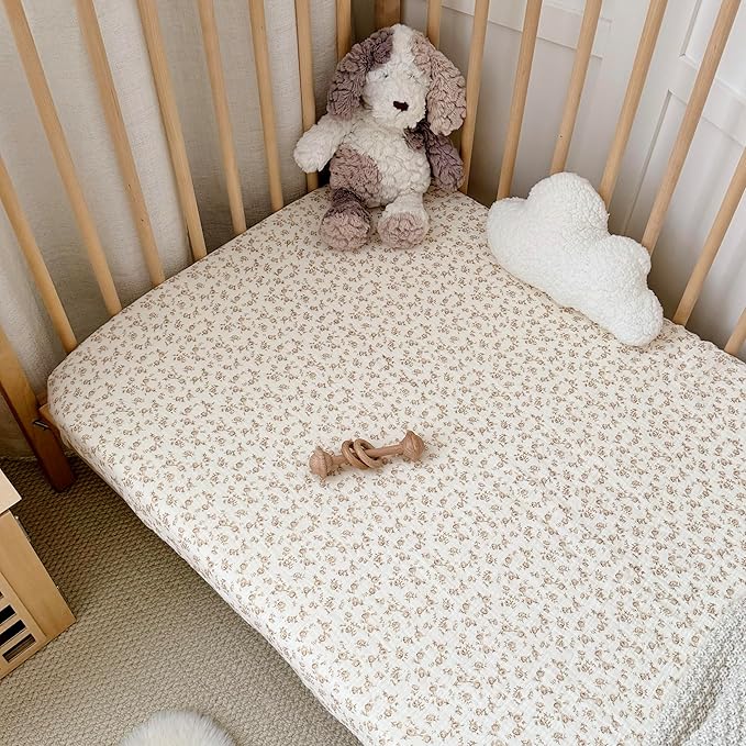 BuLuTu Cotton Muslin Baby Crib Sheets for Standard Crib and Toddler Mattress 52"x28", Chic Shabby Floral Print Boys Girls Fitted Sheets, 2 Pack, Soft Breathable, Camellia & Pink Floral