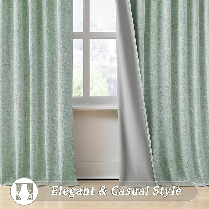 RAIN CITY Light Green Linen Blackout Curtains 45 Inch Long for Living Room,2 Panels Pinch Pleated Drape with Hooks Back Tab Boho Decor, Textured Full Black Out Curtains for Bedroom 50 x 45