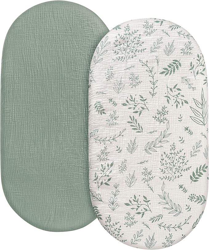 Muslin Bassinet Fitted Sheets, 2 Pack for Baby Boy and Girl, Soft Breathable Stretchy Baby Pad/Mattress Sheet Set, Universal Fit for Hourglass Oval and Rectangle Bassinet Mattress (Bright Leaves)