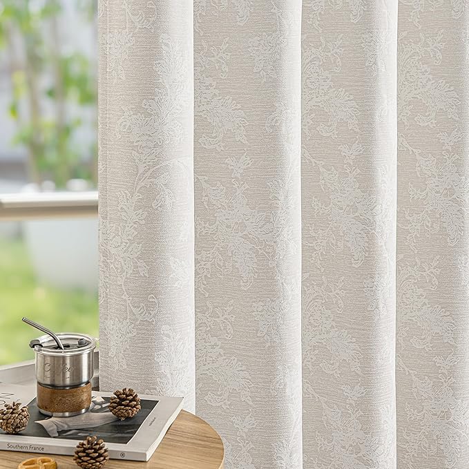 FMFUNCTEX Beige Floral Jacquard Blackout Curtains 63 Inch Length for Bedroom, Scroll Flower Chenille Farmhouse Curtains for Living Room Darkening Thermal Insulated Grommet Window Drapes 2 Panels