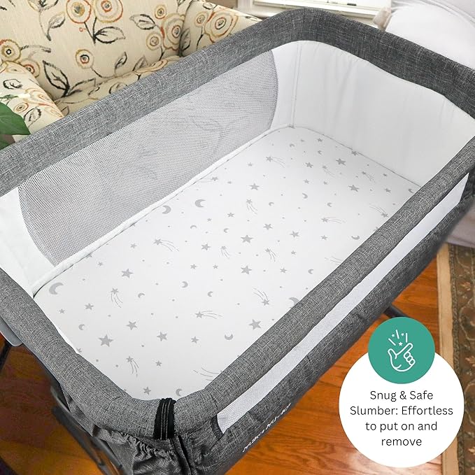 Bassinet Sheets for Mika Micky, Evolur, Larex, Taylengrow Baby, Newton Baby Bedside Sleeper by TansyPanda, 3PC, 33x20, Ultra Soft, Breathable, Snug Fit, Unisex Boys, Girls, Gray (Moon, Stars, Clouds)