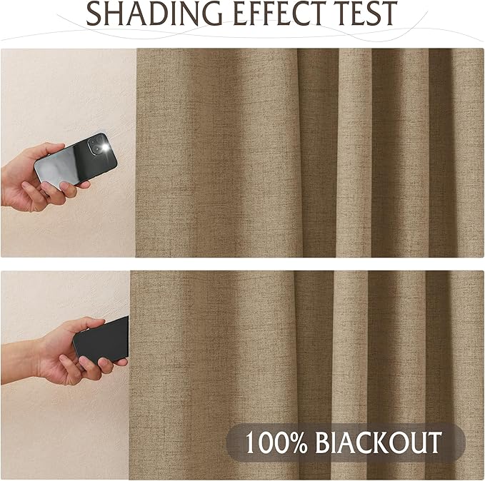 RYB HOME Linen Textured 100% Blackout Curtains for Bedroom, Insulating Energy Saving Window Curtains for Living Room Dining Patio Sliding Glass Door, Wide 52 x Long 96 inch, Burlap, 2 Panels