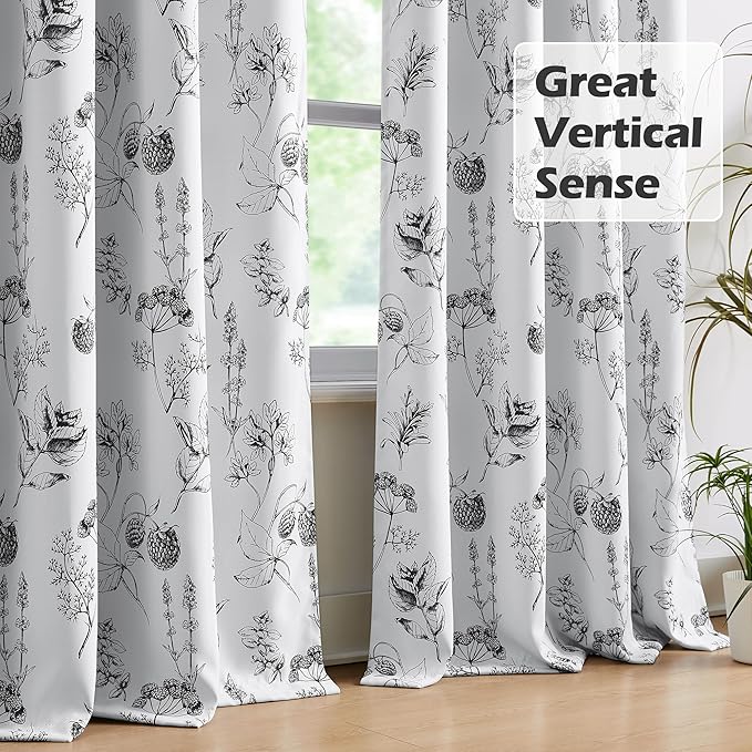 FMFUNCTEX 100% Blackout Floral Curtains 96 Inches Long for Bedroom, Black and White Leaf Drapes for Living Room, Farmhouse Rod Pocket Back Tab Room Darkening Thermal Insulated Window Drapes 2 Panels