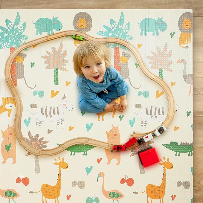Bammax Extra Large 78" x 70" x 0.4" XPE Foam Baby Play Mat with Travel Bag | Waterproof, Foldable & Reversible Padded Playmat | Baby Crawling & Kids Play Mat – Giftable Design, Dinosaurs & Safari Animals