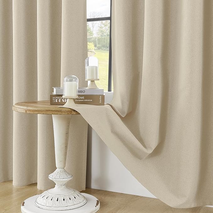 ChrisDowa 100% Blackout Natural Solid Solid Curtains 102 Inches Long 2 Panels for Bedroom Living Room,Farmhouse Room Darkening Thermal Insulated Soundproof Grommet Top Window Treatment Drapes,52x102