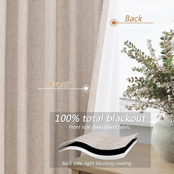 Guken Oatmeal 100% Blackout Linen Curtains 63 Inch Length 2 Panels Set for Living Room Bedroom Back Tab Thermal Insulated Black Out Linen Drapes Room Darkening Window Curtains 63 Inches Long