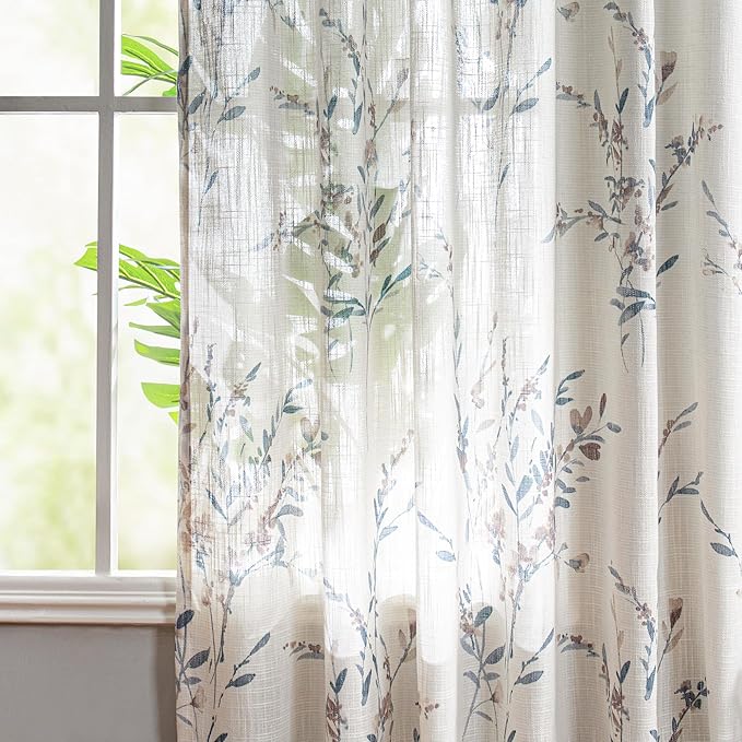 MYSKY HOME Flax Linen Sheer Curtains 45 Inch Length Floral Decorative Window Treatment Draperies Privacy with Light Through for Kitchen/Nursery/Bathroom, 50" Wide, Navy Blue, 2 Panels