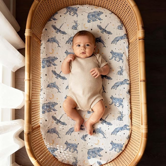 Gllquen Baby Muslin Bassinet Sheets 3 Pack, Breathable Elastic Cozy Fitted Cotton Bassinet Mattress Sheet for Baby Boy Girls, Fit for Hourglass Oval Rectangular Cradle Pad Sheets 33"x17" (Star)