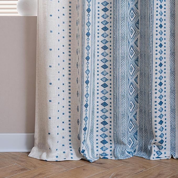 MYSKY HOME Boho Sheer Curtains Linen Look 95 inches Long for Dining Room Bohemian Geometric Striped Style Farmhouse Home Decor Light Filtering Privacy Back Tab Drapes, 50'' Wide, Blue, 2 Pcs