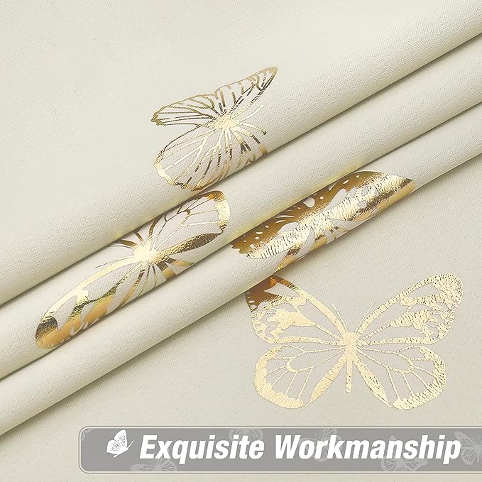 Jubilantex Butterfly Blackout Curtains 95" Long for Kids Bedroom, Beige and Gold Print Floral Butterfly Curtains with Black Layer Room Darkening Grommet Window Drapes for Bedroom Girls Room,52x95