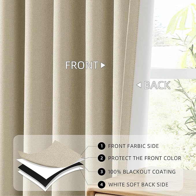 ChrisDowa 100% Blackout Natural Solid Solid Curtains 120 Inches Long 2 Panels for Bedroom Living Room,Farmhouse Room Darkening Thermal Insulated Soundproof Grommet Top Window Treatment Drapes,52x120
