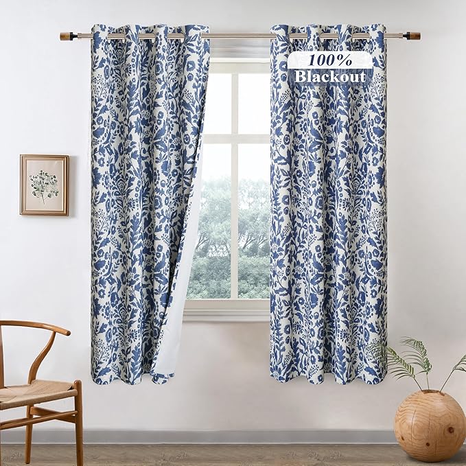 DriftAway Julia Watercolor Blackout Room Darkening Lined Thermal Insulated Energy Saving Window Curtains 2 Layers 2 Panels Each Size 52 Inch by 63 Inch Linen Navy