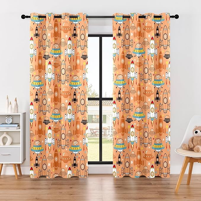 Kids Space UFO Rocket Blackout Curtains - 100% Blackout, Thermal Insulated, Noise Reducing, Perfect for Kids Room and Nursery, 2 Panels (Sunny Space Parade, W52×L84)