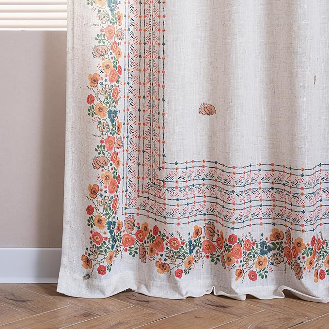 MYSKY HOME Yellow Floral Curtains for Living Room Light Filtering Back Tab Linen Look Semi Sheer Curtains Bohemian Style Window Drapes Home Decor Dining Room, Yellow, 2 Panels, 50x95 Inch